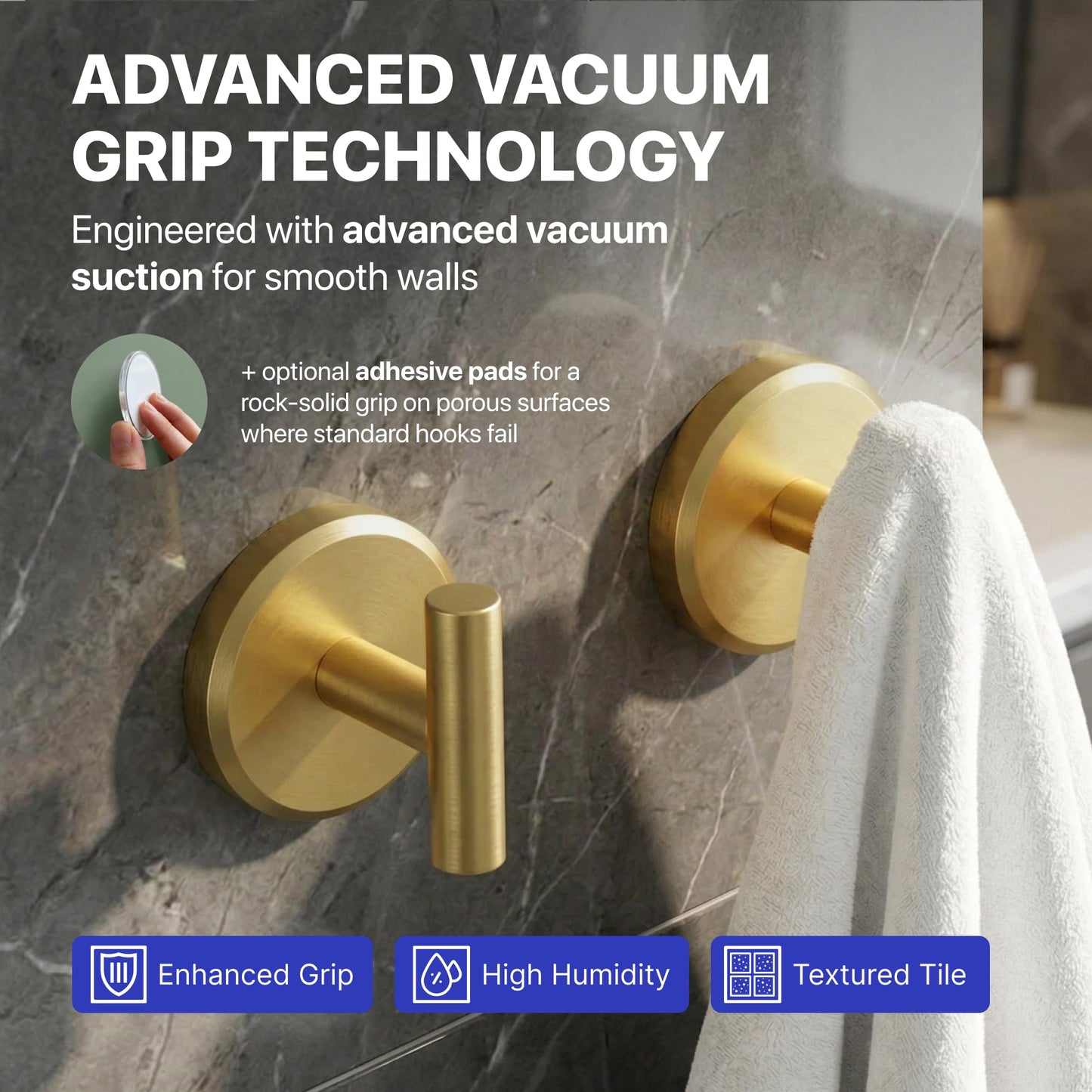 HOME SO Suction Cup Hooks for Shower & Bathroom Towel Holder 2-Pack – Suction Cups Hooks for Hanging Towels, Robes, & Coats - Tiles, Glass Door or Mirror – Shower Hooks & Towel Hooks - Gold T-Shape