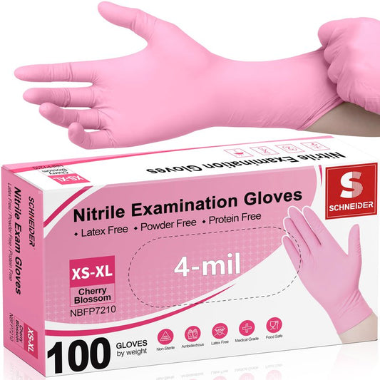 Schneider Medical Nitrile Exam Gloves, 4-mil Medical Gloves Disposable Latex Free, Powder Free, Food Safe Glove for Cooking, Cleaning, Examination, Cherry Blossom, Medium, 100-ct Box