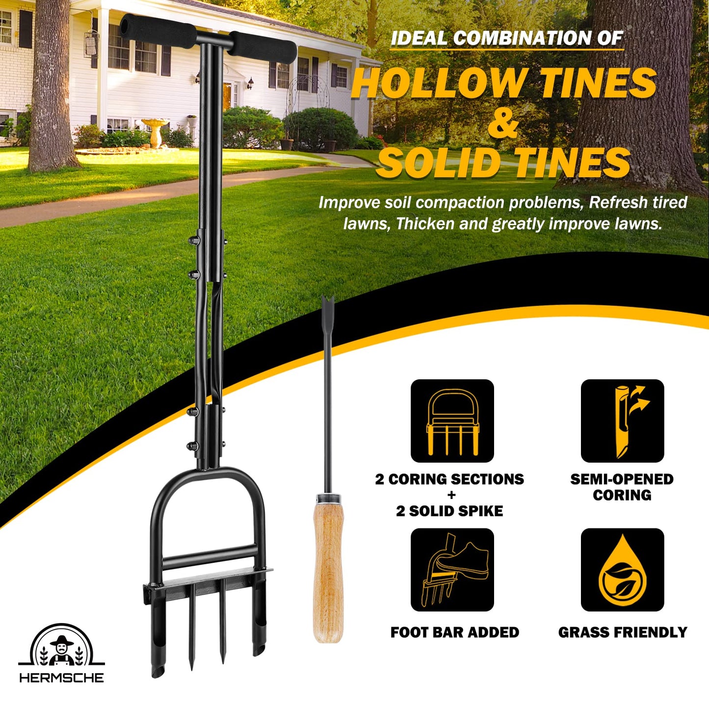 Hermsche Lawn Aerator Coring Tool, Manual Plug Core Aerators with Cleaning Stick, 2 Half-Open Hollow Slot Tines and 2 Spike Heavy Duty Grass Aeration Tool for Soils Yard Garden