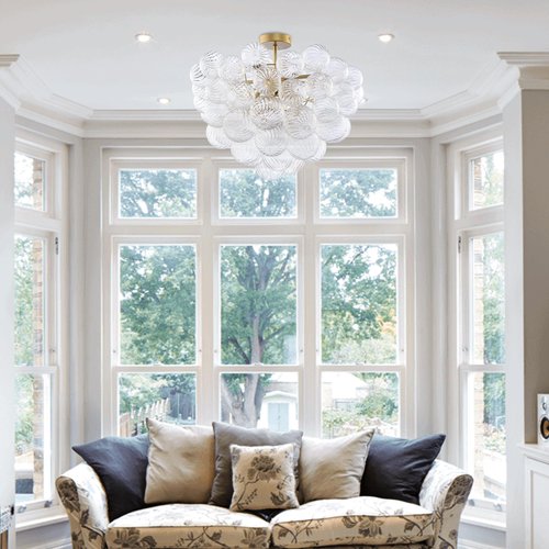 BeyPan Semi Flush Mount Ceiling Bubble Ball Chandelier Lighting Dia 20 Inch Gold Clear Ribbed Blown Glass Chandeliers Ceiling Mount Light Fixtures for Bedroom, Living Room, Entry, Bathroom