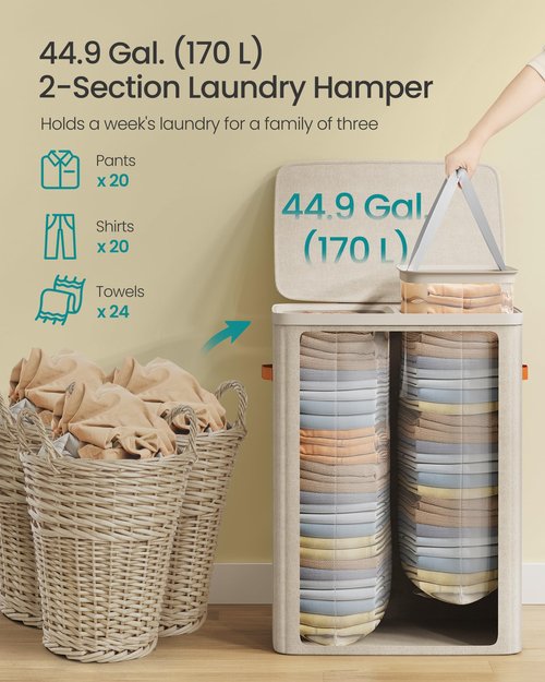 SONGMICS Laundry Basket, 44.9 Gal. Laundry Hamper, 2 Compartments, Easy Assembly, with Lid and Handles, Removable Inner Bags, 22 x 15.7 x 29.5 Inches, Cappuccino Beige ULCB813L01