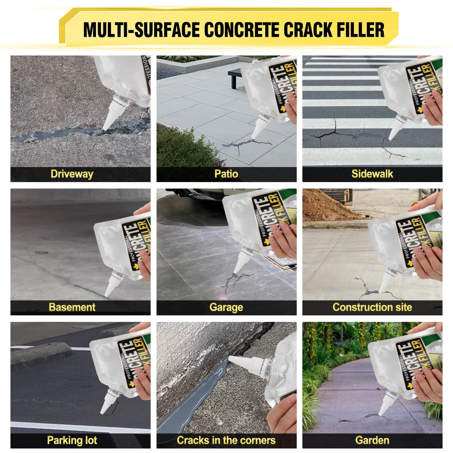 Concrete Crack Filler, High Elasticity Cement Crack Filler, Self Leveling Concrete Slab Repair Sealant for Driveway, Walkway, Patio, Waterproof Caulking Glue for Joint, Outdoor - 17.6 Floz