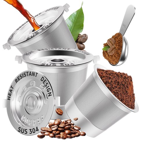 3 Pack Reusable K Cups Coffee Pods for Keurig 1.0: Stainless Steel Refillable K Cups - Reusable Coffee Filters for Keurig Coffee Machine, SUS 304‌, BPA-Free, Heat Resistant Handles, Scoop