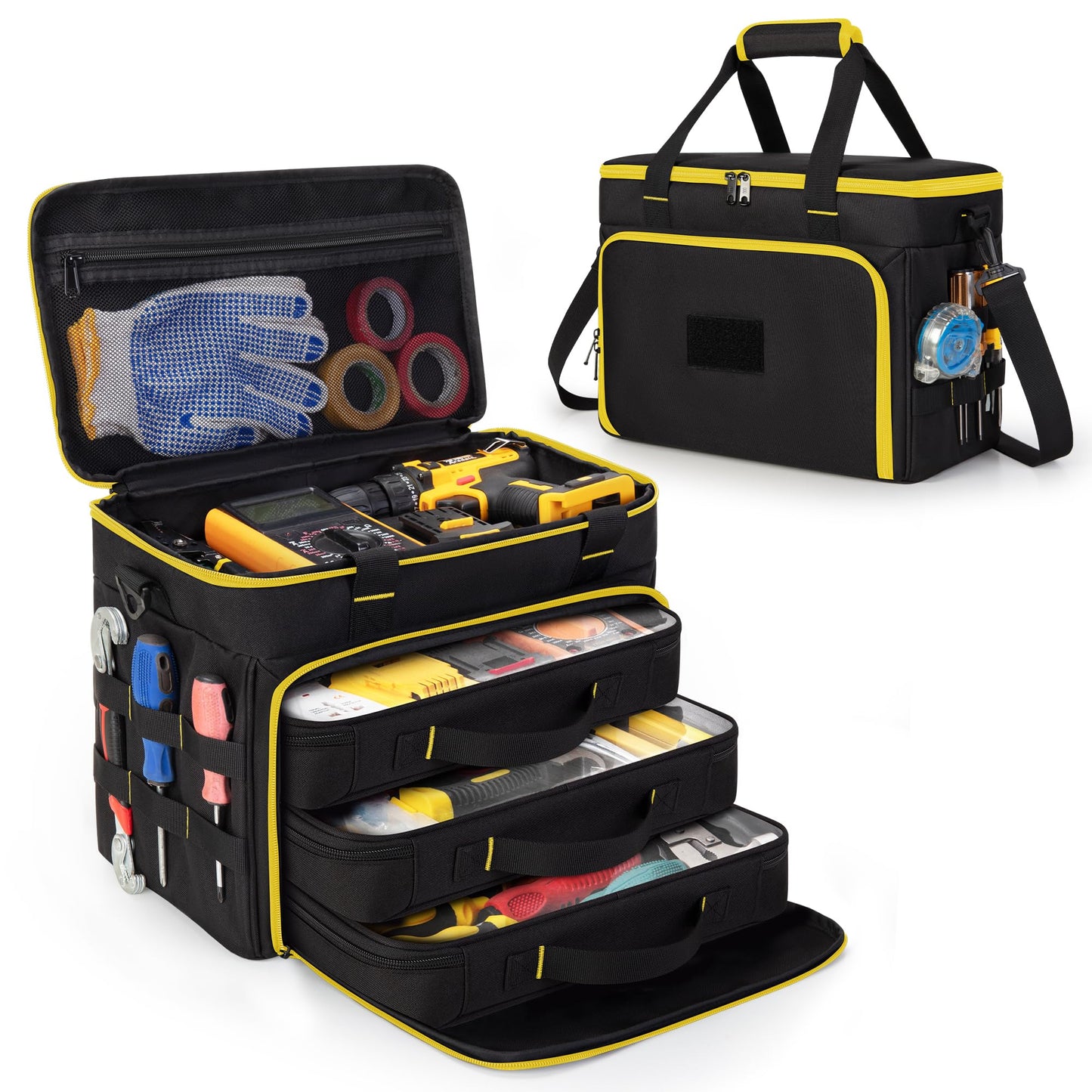 Marscamd 2 Layers Tool Bag with 3 Clear Window Removable Cases, Heavy Duty Tool Tote with Molle Webbing and Detachable Shoulder Strap, Black/Yellow