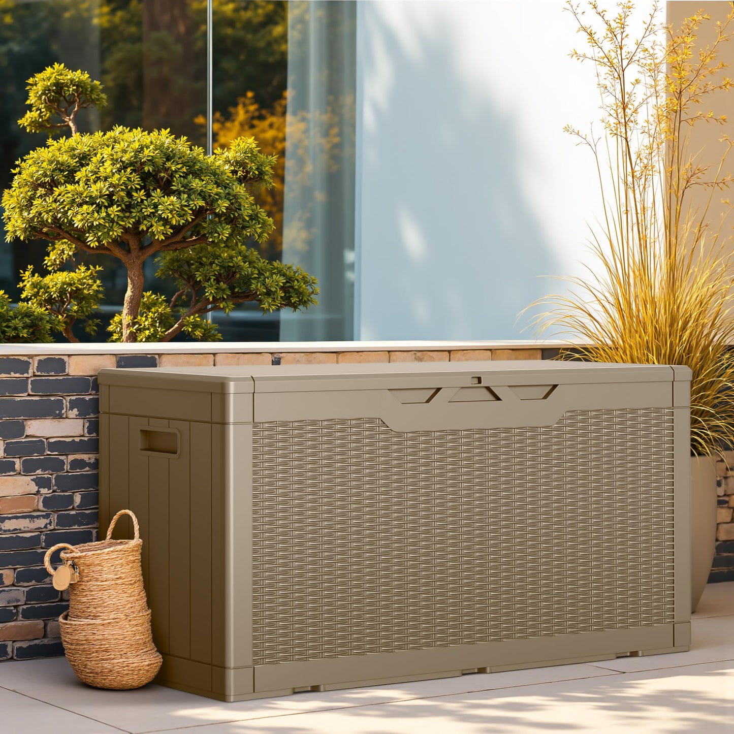 Greesum Outdoor Storage Box 100 Gallon Storage Bin with Lid for Patio Furniture, Garden Tools, Pool Supplies, Lockable, Waterproof and UV Resistant, Light Coffee