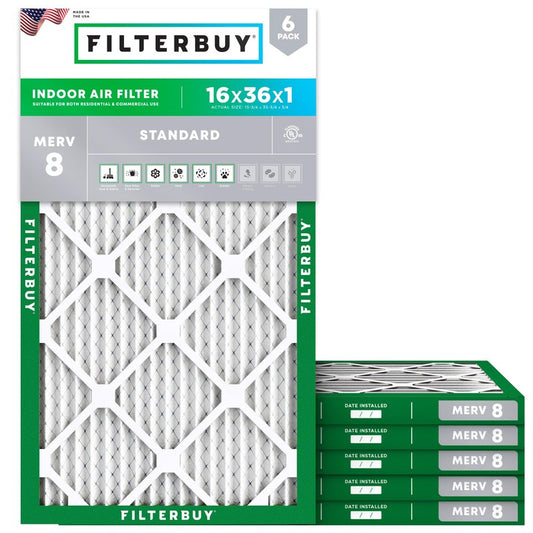 Filterbuy 16x36x1 Air Filter MERV 8 Essential Dust & Allergy Defense (6-Pack), Electrostatic Pleated HVAC AC Furnace Filters Replacement, Made in USA (Actual Size: 15.75 x 35.75 x 0.75)