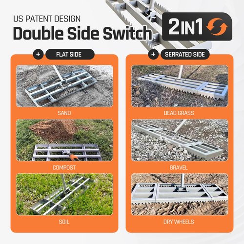 Lawn Leveling Rake, 30in / Double Side can Switch, with 20pc Marking Flags to Mark Low Spot, Stainless + Powder-Coat, FLAT Level Soil/Dirt/Compost on Lawn, SERRATED Rake Dead Grass/Ruts/Gravel on Yard