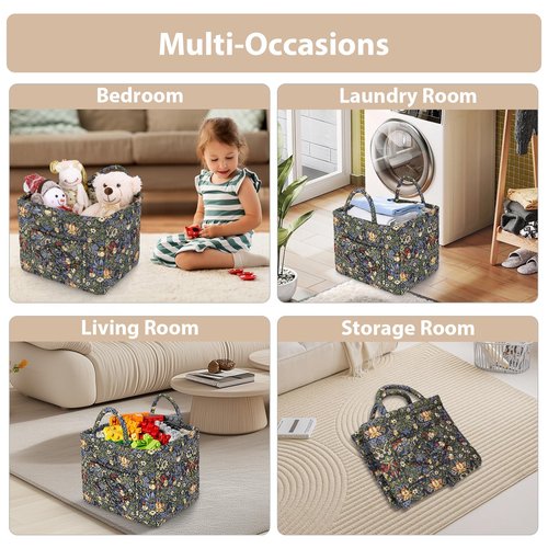 Storage Basket Boho Fabric Large Collapsible Floral Laundry Nursery Hamper Portable Folding Storage for Clothes Toys (Blue)