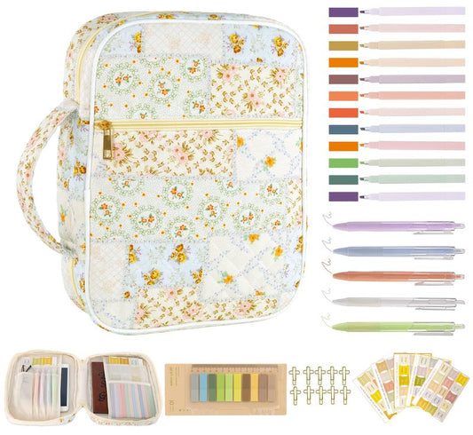 Bible Cover Case for Women, Large Bible Bag with Bible Study Supplies Accessories Christian Gifts for Women, Portable with Sturdy Handle and Highlighters, Spliced Flower
