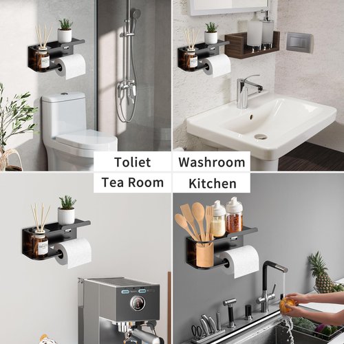 Toilet Paper Holder with Shelf, Self Adhesive or Wall-Mount with Screws for Bathroom, Washroom, Stainless Steel Toilet Tissue Roll Holder with Wipes Storage (Black)