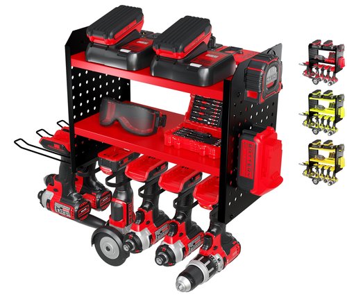 BUILTSTRONG Power Tool Organizer-6 Drill Holder Wall Mount, 3 Tier Heavy-Duty Hand Tool Storage Rack, Utility Racks, Drill Holder, 2 Pegboard Sides - Garage Storage Cordless Tool Organizer (Red)