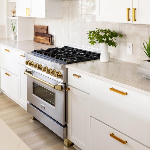 ZLINE Autograph Edition 36 in. 4.6 cu. ft. Legacy Dual Fuel Range with 6 Burner Gas Cooktop and Electric Convection Oven in Stainless Steel and Polished Gold Accents (RAZ-36-G)