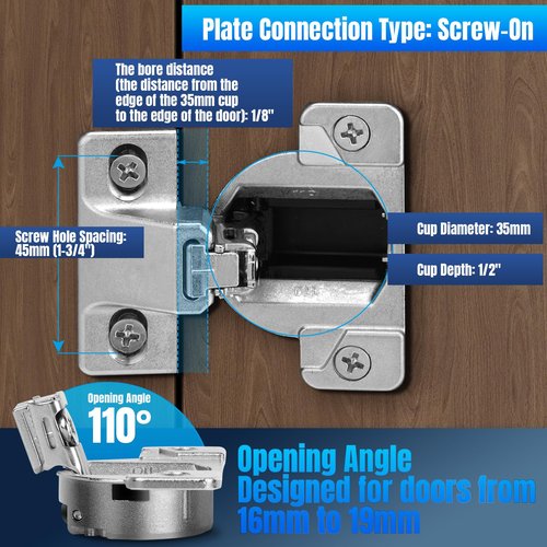 16 PCS Replacement for 30.310-11.02 Blum Cabinet Hinges, 110 Degree Screw On Self Closing, 33.3600 Compact 31 & 33 Hinge(Mounting Plate Not Included) Include Wood Screws Lifetime Replacement