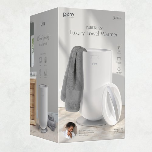 Pure Enrichment PureBliss Luxury Towel Warmer - Extra Large 20L Heats Towels, Robes, Blankets, or Clothing - Modern Bucket Design, 4 Heat Timer Settings & Auto Shut-Off (White & Brushed Silver)