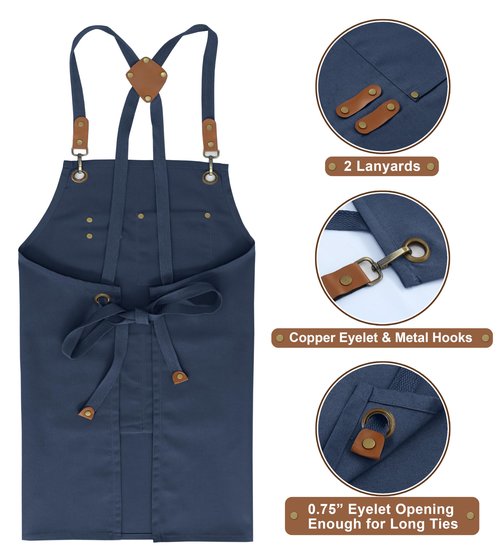 RUVANTI Work Aprons for Men, Oil & Water Repellent, PolyCotton Cross Back Aprons for Women with Pockets, Adjustable up to XXL, Chef Aprons for Cooking, Grilling, Welding, Woodworking - Blue Aprons