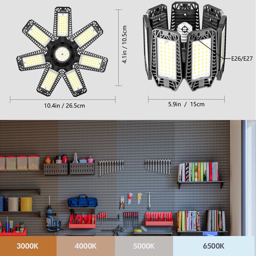CHENGCHILIT LED Garage Light 2 Pack - 200W 20000LM 6500K LED Garage Ceiling Lights with 7+1 Adjustable Panels, Shop Lights Screw in E26 E27 Bulb Socket for Workshop, Storage Room, Basement, Warehouse