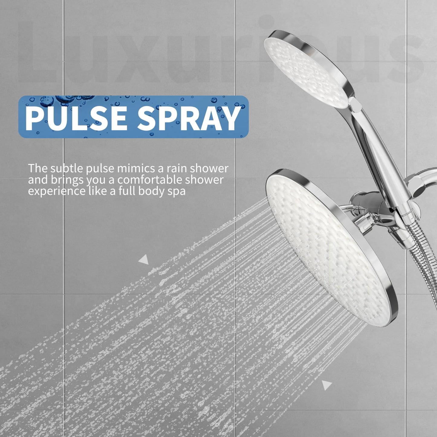 UltrTxenova Dual Shower Heads with Handheld Spray Combo, 8.6 Inch Pulsating Rain Shower Head, 6-Mode Hand Held Shower with Hose 6ft, 2-in -1 Luxury Shower System Chrome