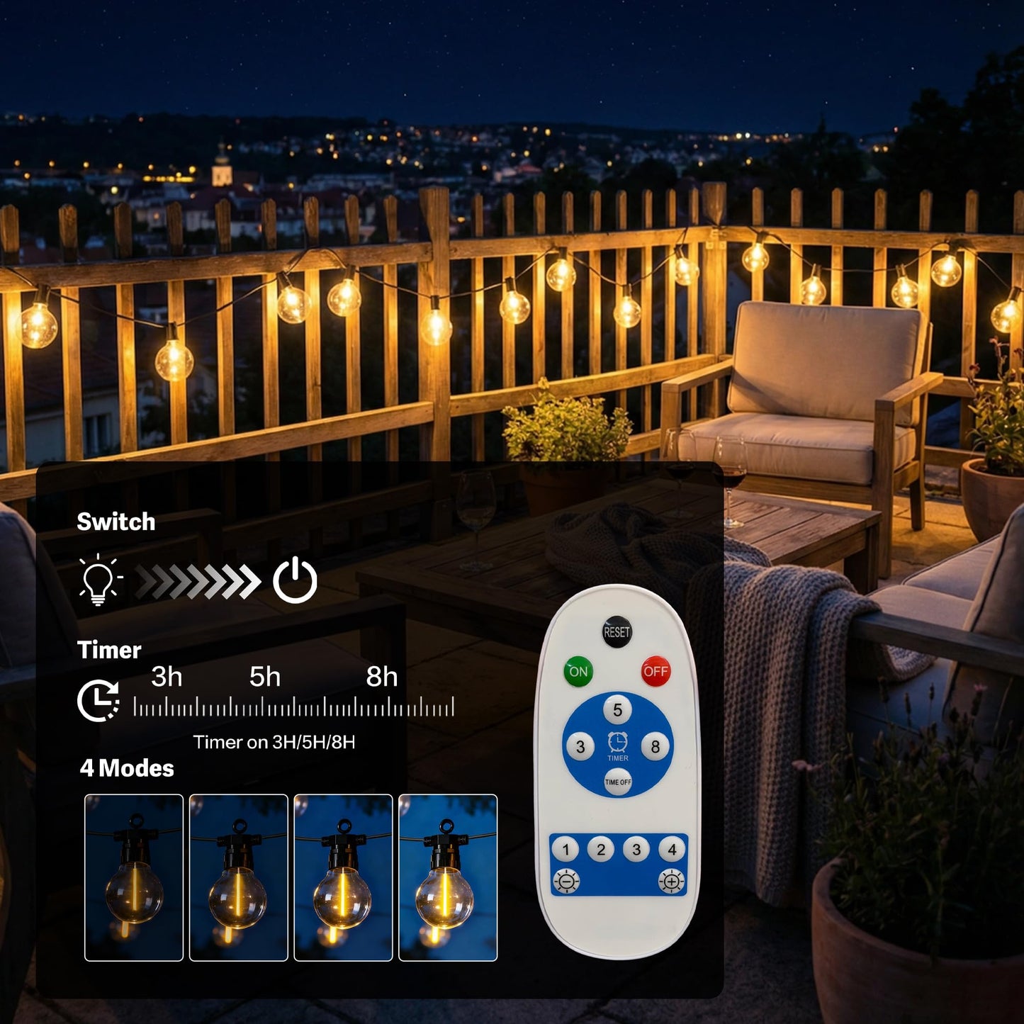 BYIZO 31FT Solar Outdoor String Lights with 12 LED Bulbs, IP65 Waterproof, Remote Control & Dual Solar-USB Charging for Patio, Garden, Backyard & Party