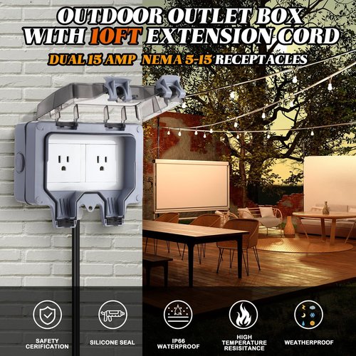 Kanayu 10 ft Outdoor Outlet Box with Extension Cord, Dual 15 AMP 5-15 Receptacles Weatherproof Waterproof IP66 Outdoor Exterior Socket with Cover, 14 AWG/3C SJTW Cord