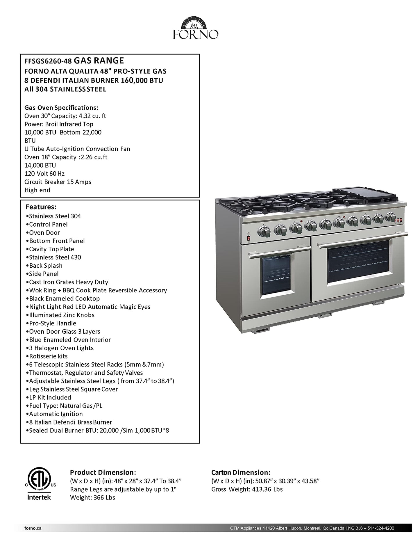 FORNO Capriasca Full Gas 48" Inch. Freestanding Range with 8 Sealed Burners Cooktop - 6.58 Cu.Ft. Double Gas Convection Oven Capacity, Stainless Steel Heavy Duty Cast Iron Grates.