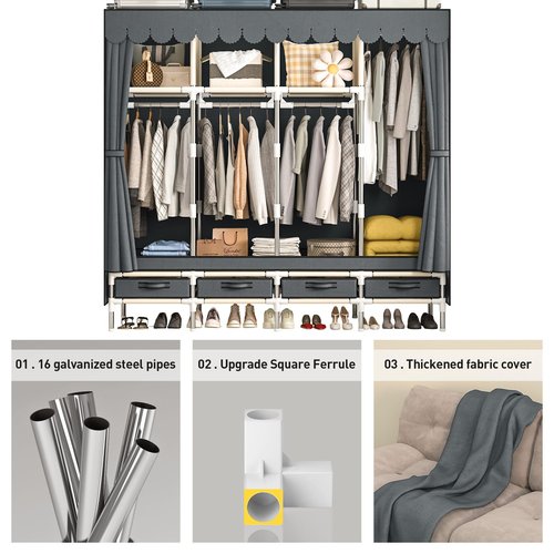 LEAIJIAFY Large Portable Wardrobe with 4 Hanging Rods and Drawers, Armoire, Metal Storage Wardrobe Hangers, Upgraded Grey Non-Woven Dust Cover for Handing Closet,Large Closets for Bedroom