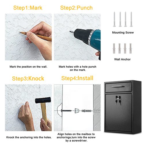 xydled Metal Mailbox Wall Mount, Large Locking Mailbox with Key Lock, Hanging Secure Postbox, Security Key Drop Box, Collection Boxes, Black, 17.6H x 12.2L x 5.7W Inches, XL Large