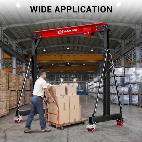 BSMTEK 2 Ton Gantry Crane – Adjustable Height (8.53-12.5 FT) & Width (9.06 FT), Heavy-Duty Shop Lift Hoist with 5000 Lb Manual Trolley，Red