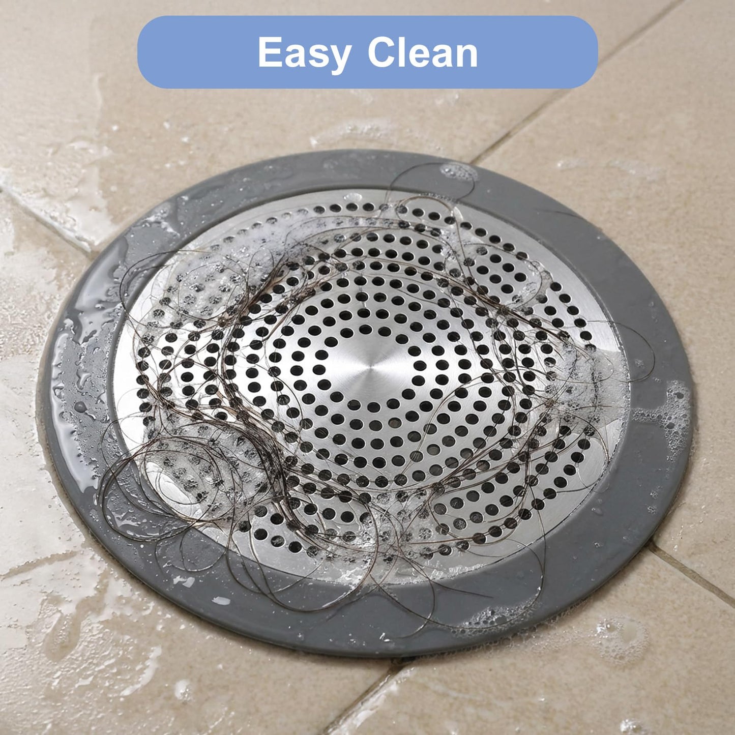 Shower Drain Hair Catcher, 5.7in Stainless Steel Bathtub Hair Catcher Drain Cover Bathroom Tub Sink Protector Flat Shower Drains Cover with Silicone Rim