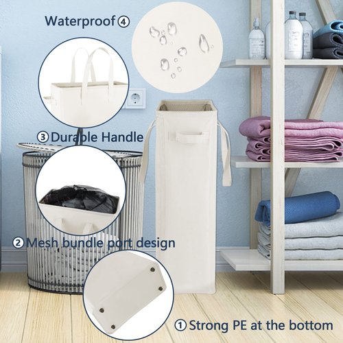 Odonata Slim Laundry Hamper Handles Collapsible Laundry Basket Thin Dirty Clothes Basket Narrow Laundry Bag Foldable Dirty Hamper 45L (Beige)