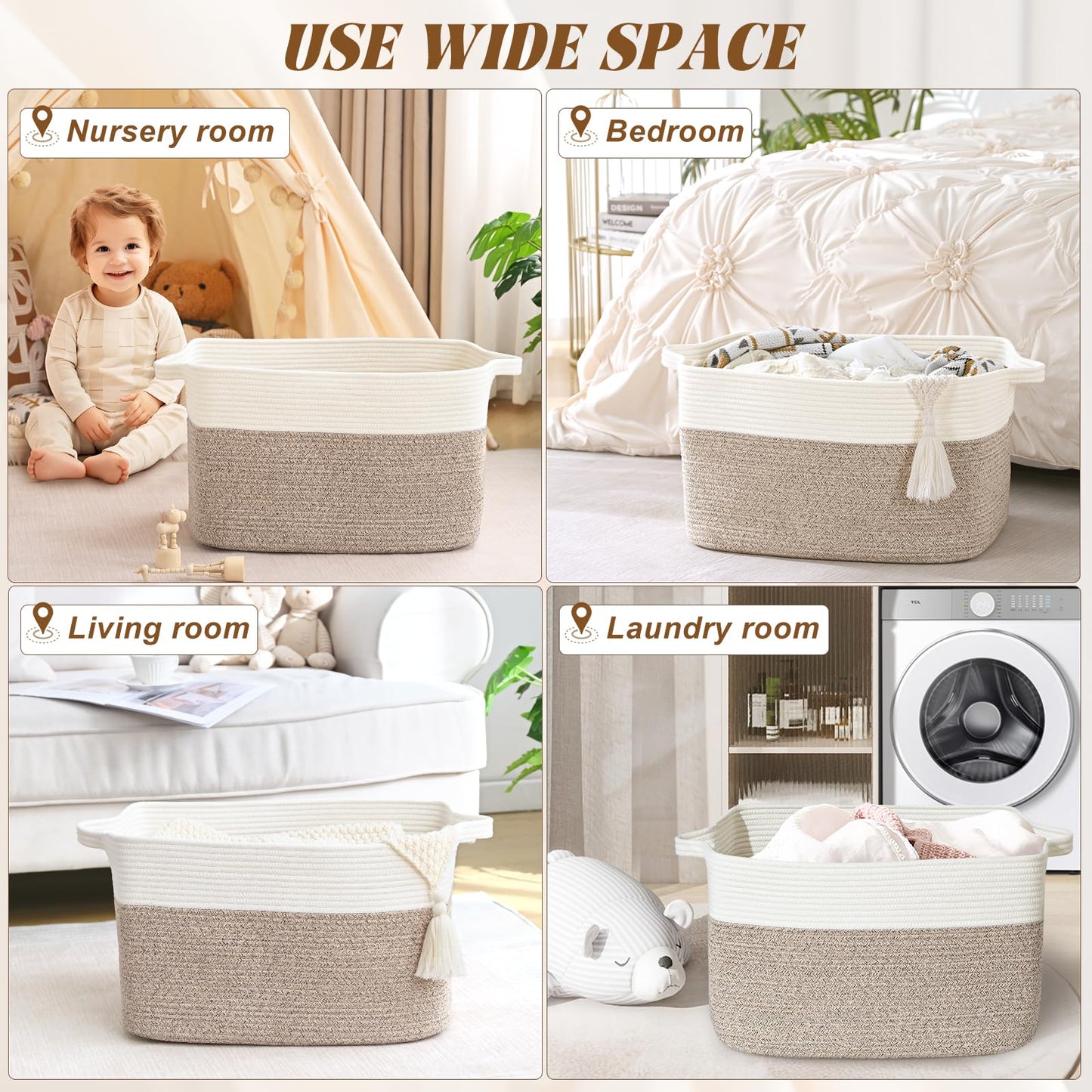 Degeyoyo Large Blanket Basket, 60L Storage Baskets for Organizing, Woven Laundry Basket for Blankets, Cotton rope Blanket Storage for Living Room, Nursery Room, 19.7" L x 15.74" W x 11.8" H, Brown