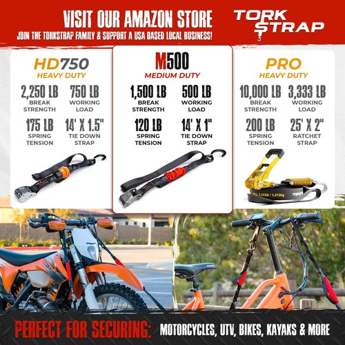 TorkStrap M500 | 14' x 1'' Self Tensioning Tie Down Straps - Automatically Adapt to Load Shifts - 1,500LB Break Strength - Pull Alternative to Ratchet Straps - Integrated Soft Loops & Hooks (4-PK)
