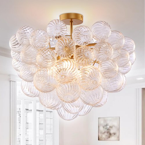 BeyPan Semi Flush Mount Ceiling Bubble Ball Chandelier Lighting Dia 20 Inch Gold Clear Ribbed Blown Glass Chandeliers Ceiling Mount Light Fixtures for Bedroom, Living Room, Entry, Bathroom