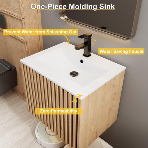 eclife 24" Floating Bathroom Vanity with Sink Combo, Modern Wall Mounted Cabinet with 2 Fluted Drawers, Undermount Sink, Faucet, Drain, Mixed Natural