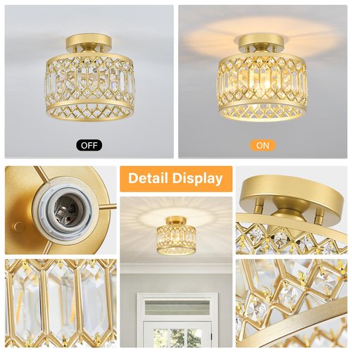 YURNYQ Crystal Ceiling Light Fixture, Modern Semi Flush Mount Ceiling Light, Gold Lighting Fixtures Ceiling Lamp for Hallway, Kitchen, Entryway, Bedroom, Laundry Room, 9.05 Inch