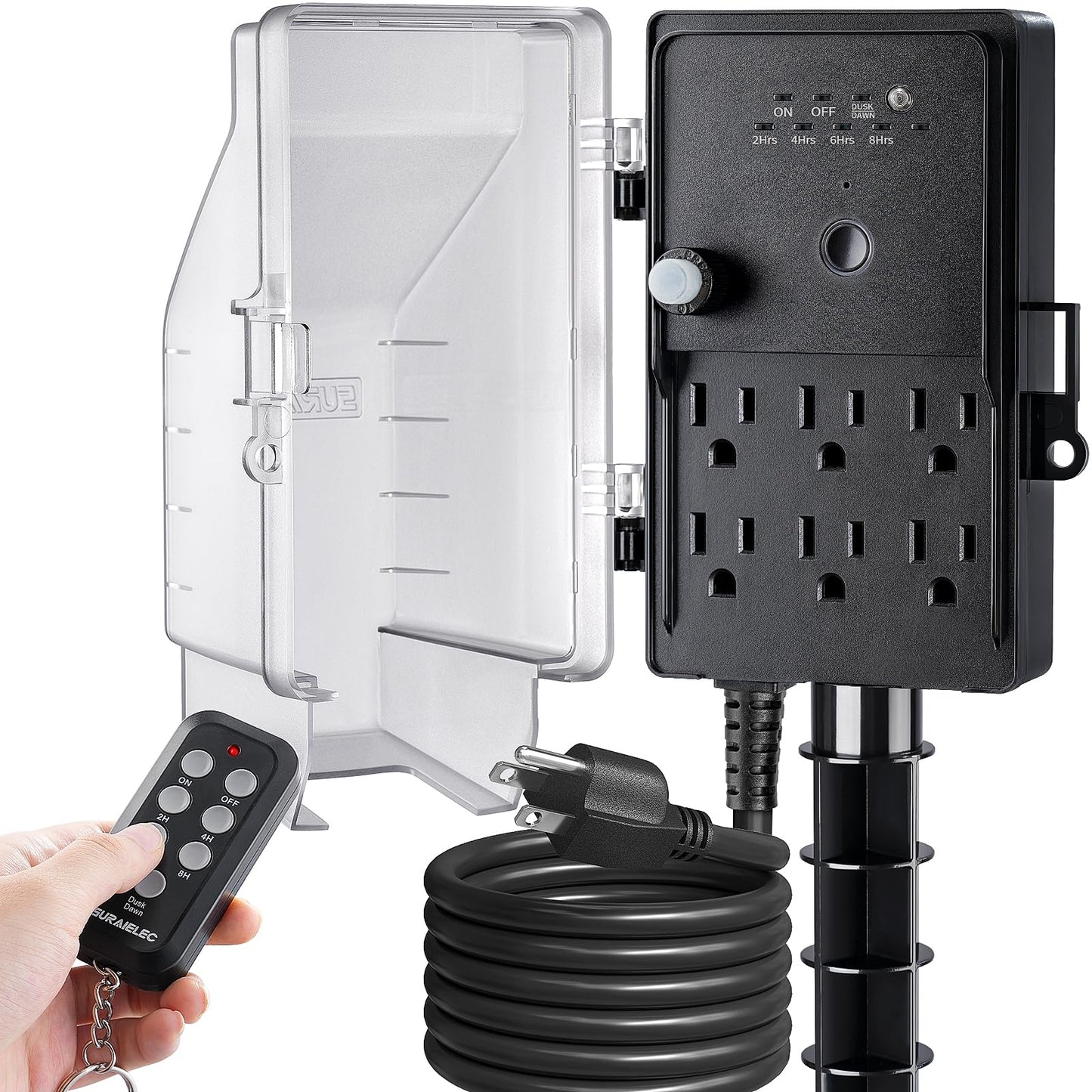 SURAIELEC Outdoor Power Stake Timer Waterproof, 100FT Wireless Remote Control, Photocell Dusk to Dawn Timer, 6 Grounded Plug Outlets, 6FT Extension Cord, for Halloween Decoration, Lights, Garden