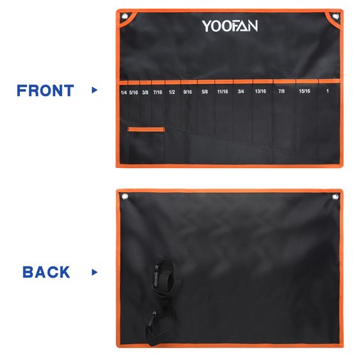 YOOFAN Wrench Roll Up Pouch – Wrench Organizer with 13+1 Pockets, Wrench Bag with handle, Wrench Holder for Hanging, Orange - SAE
