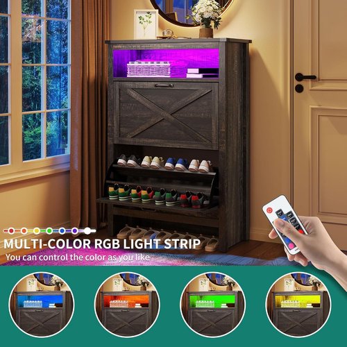 YITAHOME Shoe Cabinet, Entryway Shoe Storage Cabinets with Open Shelves and Led Light, Free Standing Hidden Shoe Rack Organizer with 2 Flip Drawers for Entryway/Hallway/Closet, Dark Rustic Oak