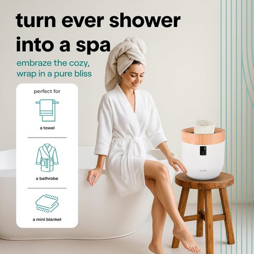 SereneLife Counter Towel Warmer Bucket - with Customized Fragrance for Spa and Bathroom, Luxury Heater, Auto Shut Off, Fits 1 Large Blanket, Bathrobe, PJs (Wood)