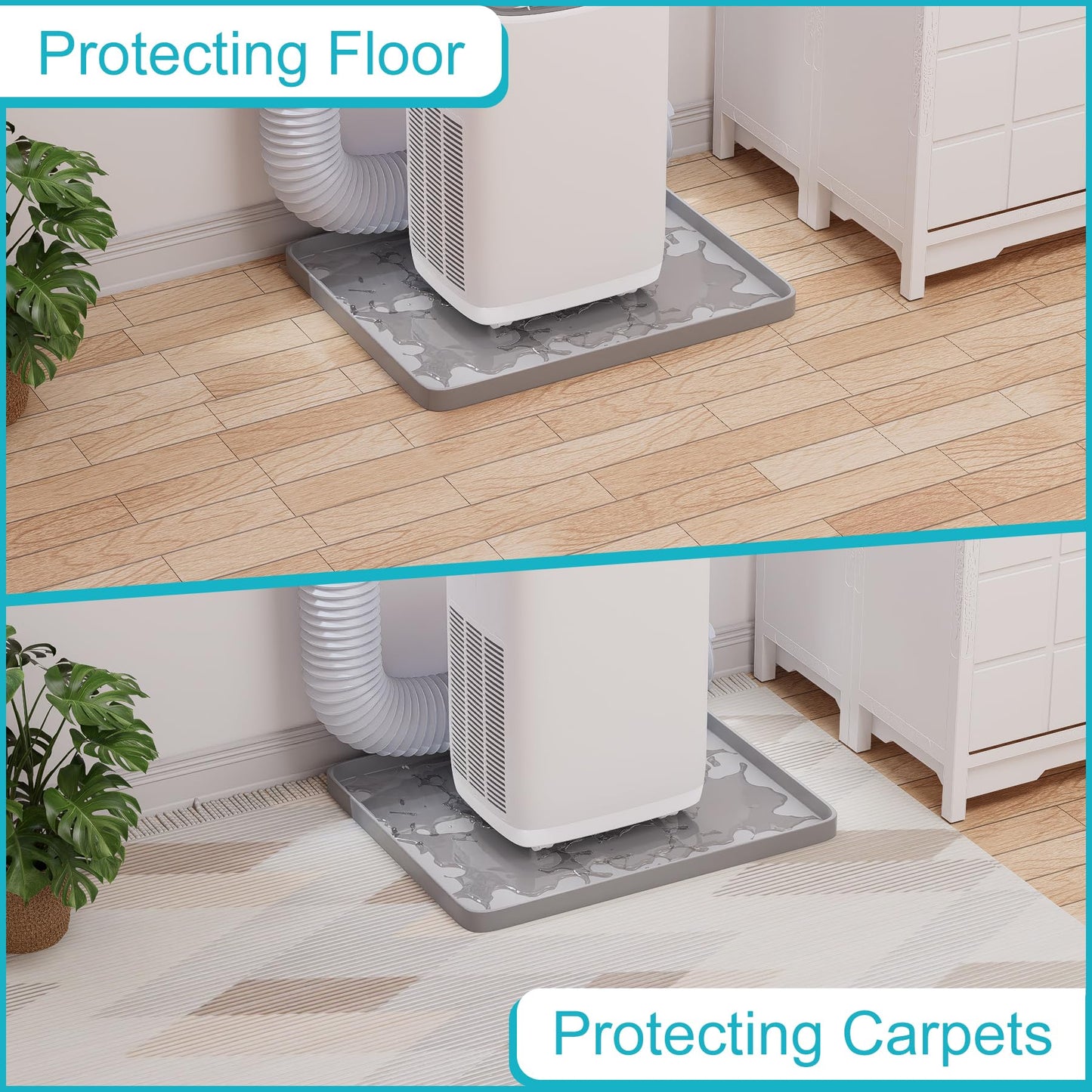 Chiligent Portable Air Conditioner Drip Pan, 23.6" x 19.7" x 0.75" Non-Slip Large Drip Tray with Raised Edges, Prevent Water Leakage & Floor Damage, Portable AC Drip Pan & Mini Fridge Mat, Gray