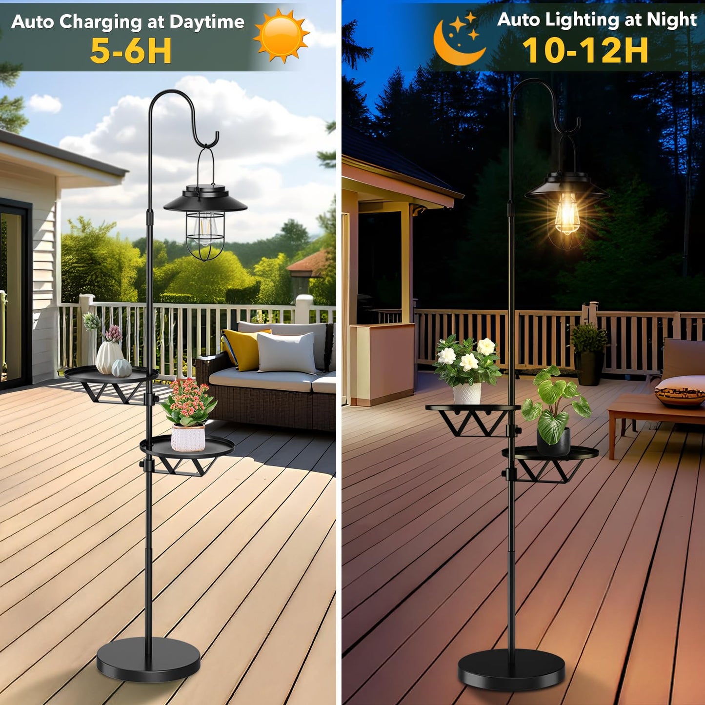 XPSCOCO 60" Solar Light with Plant Stands, Outdoor Floor Lamp, Waterproof Metal Hanging Solar Lantern for Patio Deck Porch Yard Garden Decor