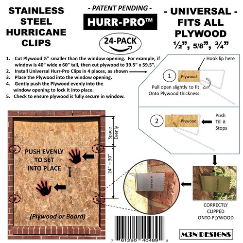 HURR-PRO Universal Hurricane Window Clips, Stainless, 1/2" to 3/4" One-Size-Fits-All, 24-Pack 6-Windows, Reusable Hurricane Clip, Patent Pending