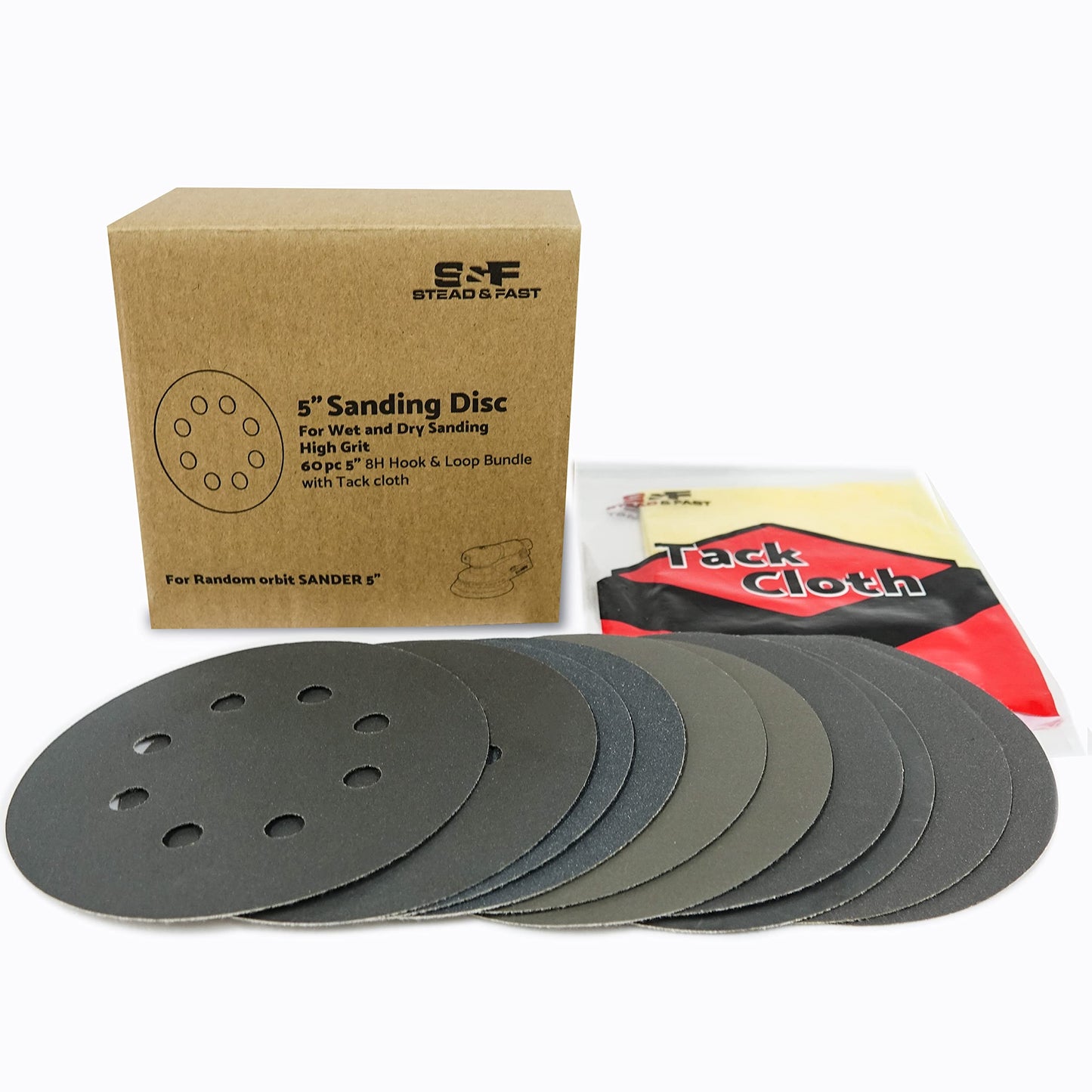 5 inch Wet Dry Sanding Discs Hook & Loop 60 pcs, 400 600 800 1000 1500 2000 Grit Silicon Carbide Orbital Sander Sandpaper, Assortment with Tack Cloth, for Automotive Wood Metal by S&F STEAD & FAST
