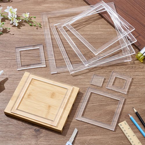 BENECREAT 9Pcs Squares Router Templates, 9.8/8.5/7.4/6.5/5.5/4.5/3.5/2.5/1.4 Inch Transparent Acrylic Tracing Template, Router Inlay Template for Woodworking, Craft