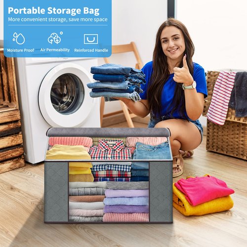 Budding Joy Clothes Storage, Foldable Large Blanket Storage Bags with Zippers, Storage and Organization for Clothing, Comforter, Bedding, Toys, Closet Organizers with Enhanced Handle, 60L 6 Pack Gray