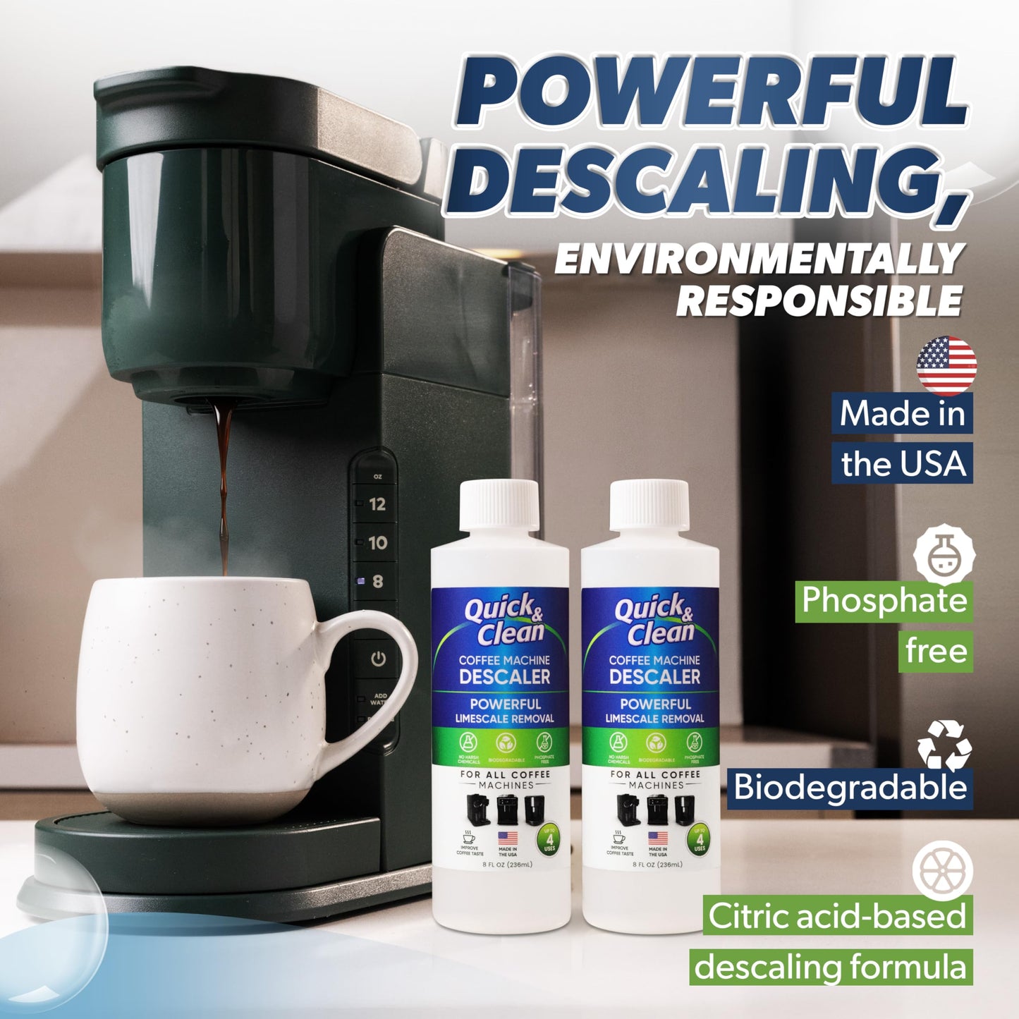 Quick & Clean 2-Pack Descaler (8 Total Uses) - Made in the USA - Descaling Solution for Keurig, Nespresso, Ninja, Delonghi, Coffee and Espresso Machines