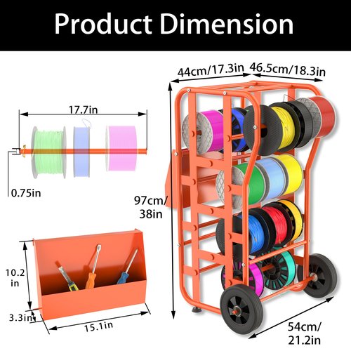 Wire Spool Rack Wire Caddy for Spool, Portable Wire Rack Dispenser with Wheels, Automotive Wire Storage, Multi-Spool Wire, Cable Dispenser, Electrical Wire Spool Holder Cart with Storage Tray (Orange)