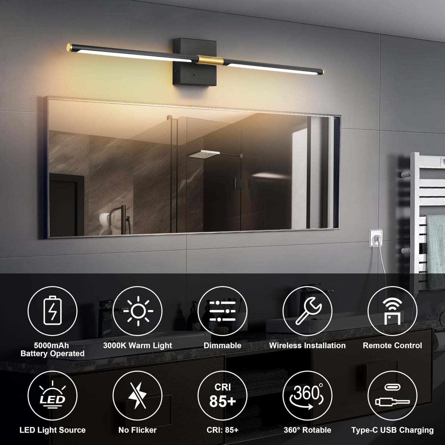 Morauroral Battery Operated Wall Sconces Set of 2, Dimmable Battery Wall Sconce with Remote Control, Black Gold LED Rechargeable Sconces, 24 Inch Modern Wireless Wall Lights for Bedroom, Living Room