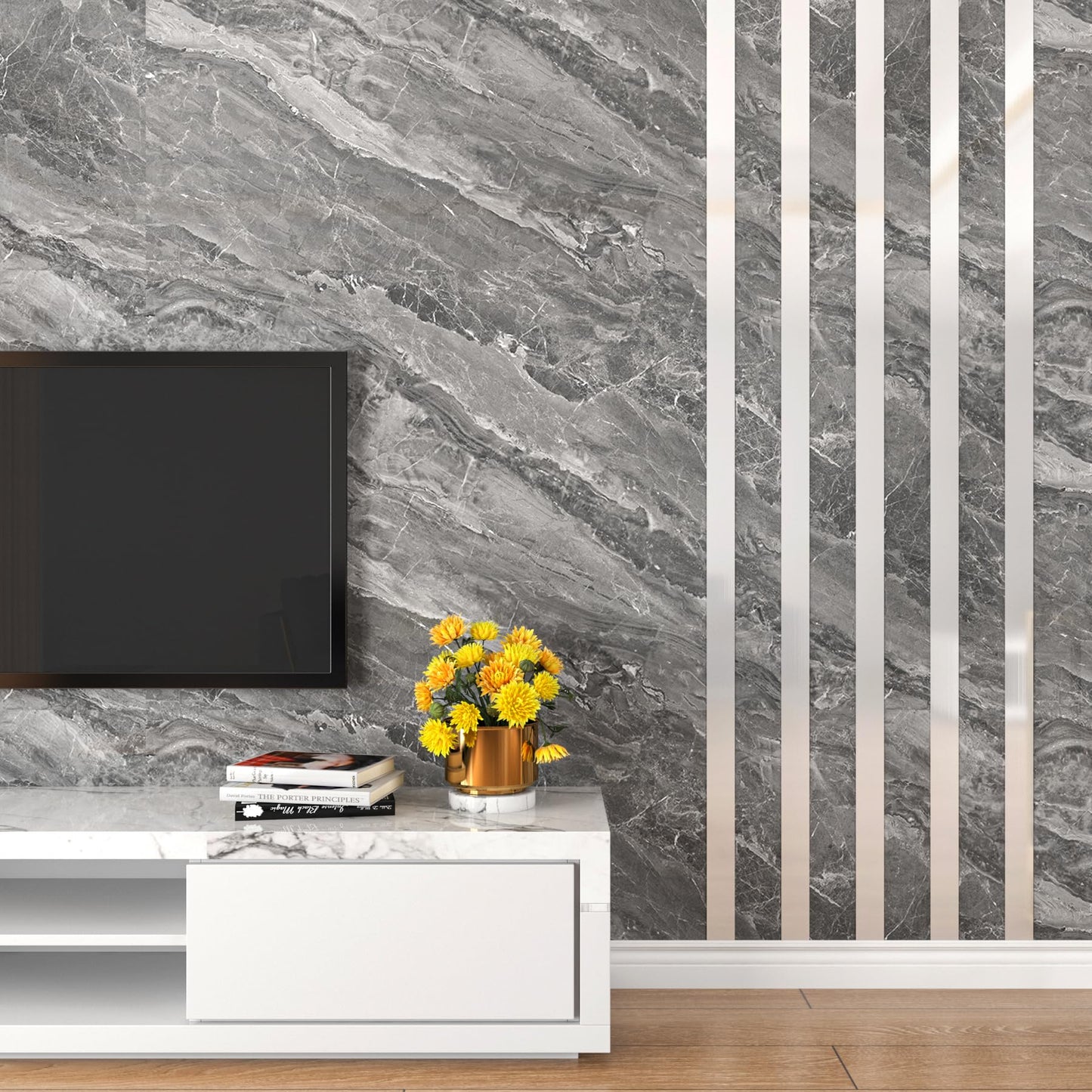 HelloWall Silver Brushed Nickel Mirror Frame Border Peel and Stick Metal Molding Trim Removable Wall Trim Borders Stainless Steel Wallpaper Border for Fireplace Stainless Steel Mirror Borders 3"x197"