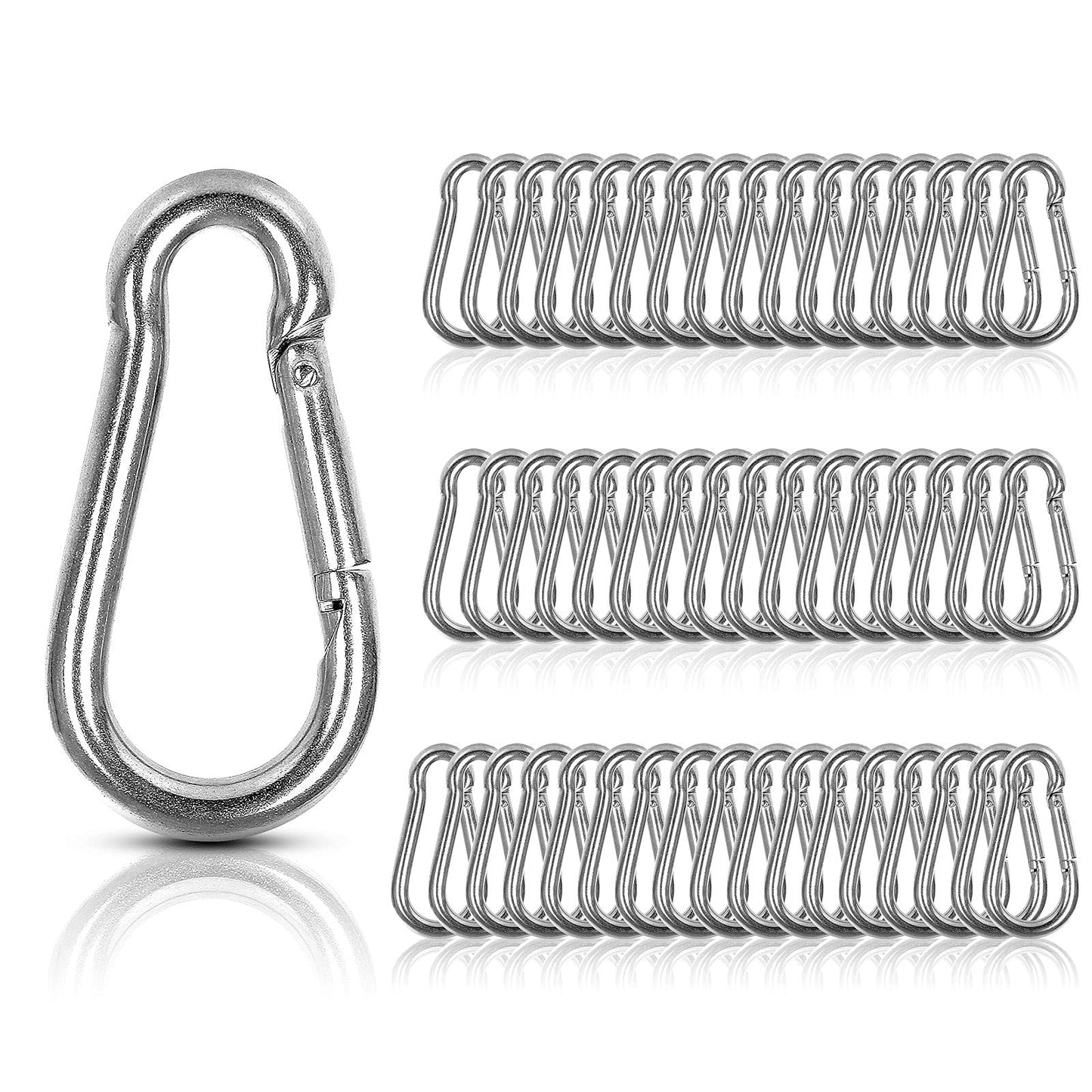 MIVIDE 50 PCS Stainless Steel Spring Snap Carabiner, Round, Silver, 2 Inch, Auto-locking, Camping, Hiking, Fishing, Boating, Dog Leash, Keychain