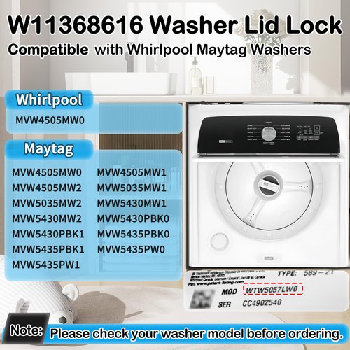W11368616 W11670519 Washer Lid Lock Assembly Compatible with Whirlpool Maytag Washer MVW4505MW0 MVW5035MW1 MVW5430MW1 MVW5430PBK0 MVW5435PBK0 MVW5435PW0 Replaces AP7214714, PS17215992 Lid Lock Switch